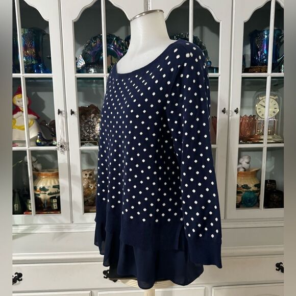 Chaps Mock-Layer Polka-Dot Top Size Large Navy and White - Picture 7 of 11